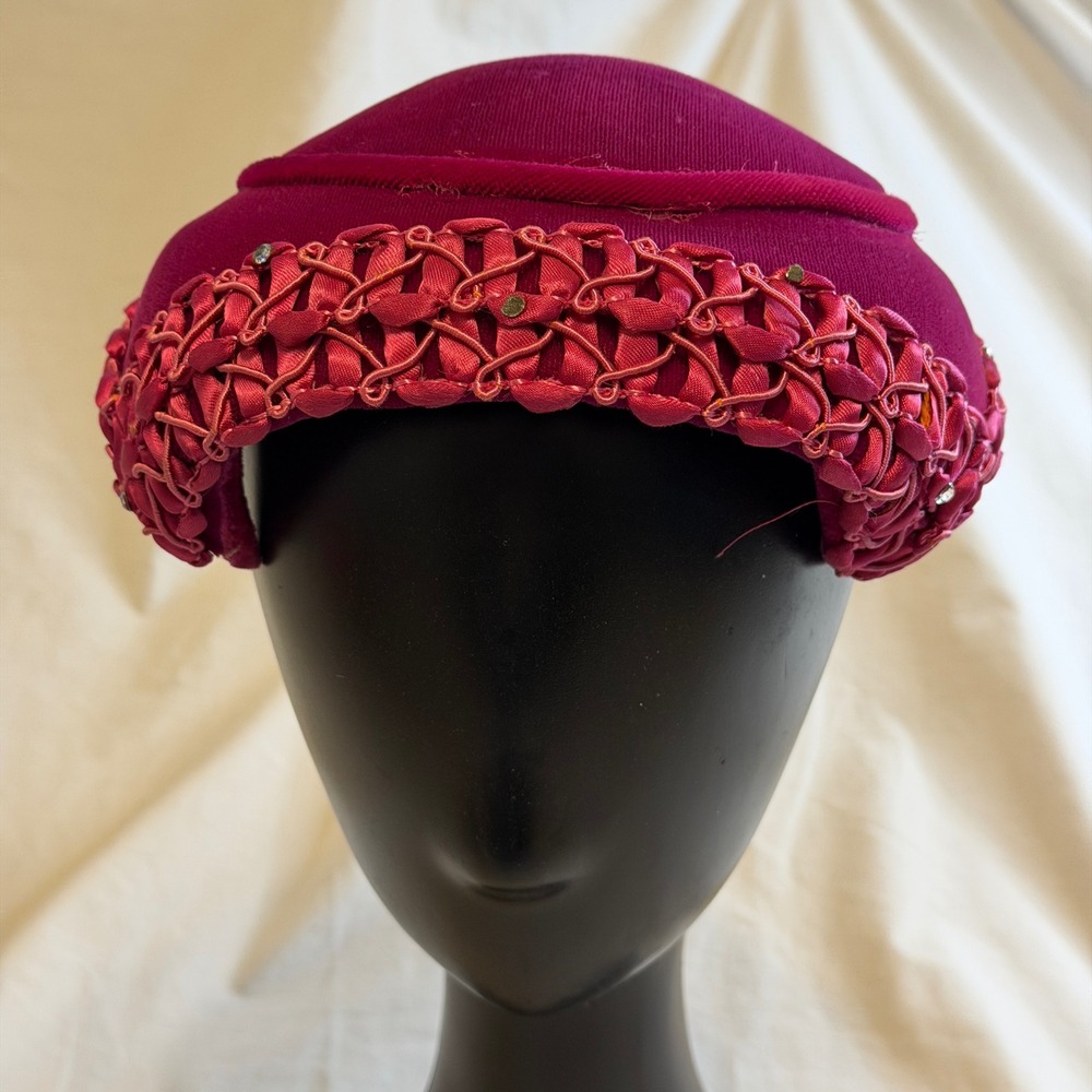 Vintage Magenta Pink Velvet Pillbox Hat Ribbon Trim Rhinestone Bow Detail